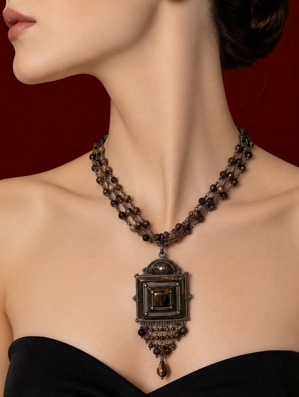 TRESKA Multi-chain Tiger Eye Ethnic Pendant Castlecore Choker Necklace